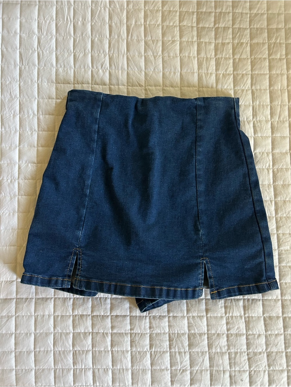 Denim Mini Skort with Front Slits - Dark Blue